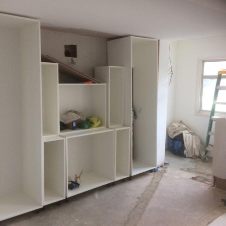 New Kitchen, Muswell Hill, N10. Job included: Lowered ceiling so level, built a level partition to hang the new cabinets, rewiring, down lights, double sockets, tiling and more.